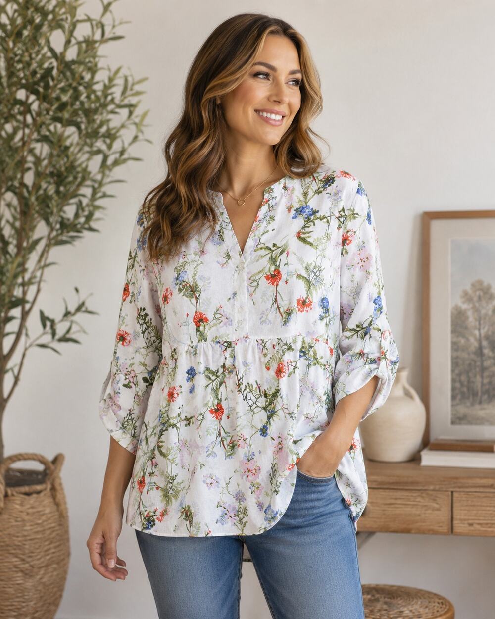 JNY Jones New York 2X Linen Blend Floral Peplum Blouse Roll Tab Sleeves White